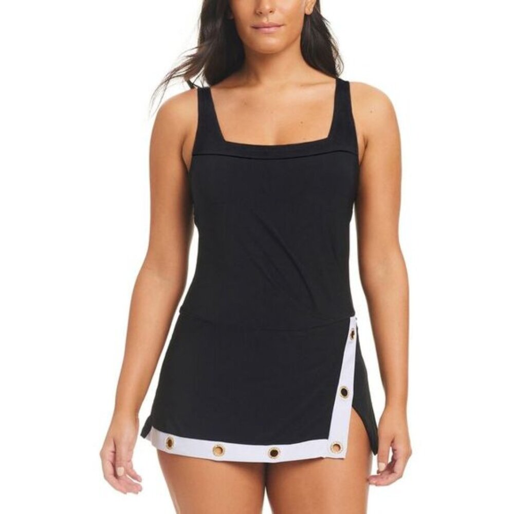 Beyond Control Womens Square-Neck Grommet Swim Dress 8 Black - NWT $153
